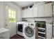 Functional laundry room with washer, dryer, storage cabinets, and an exterior access door at 1533 High Haven Ne Ct, Atlanta, GA 30329