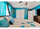 Bedroom featuring teal walls, a ceiling fan, and a window with sheer curtains at 160 Country Mill Ln, Stockbridge, GA 30281