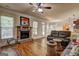 Cozy living room with a stone fireplace, hardwood floors, and comfortable seating at 2360 Braunsroth Ln, Hampton, GA 30228