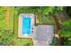Aerial view of a private backyard swimming pool surrounded by greenery and flowers at 210 Farr Lake Dr, Tyrone, GA 30290