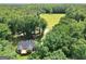 Expansive aerial view of a home with mature trees, open green space, and a private, tranquil setting at 1572 Hines Rd, Moreland, GA 30259