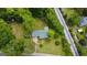 Aerial view of home with luscious trees, a well maintained lawn, and adjacent train tracks at 36 Reese St, Grantville, GA 30220