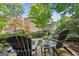 Landscaped backyard with Adirondack chairs, a small table and a patio, offering a tranquil outdoor retreat at 750 Highview Ct, Woodstock, GA 30189
