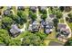 Aerial view showing homes with mature trees, large lawns and proximity to the community pond at 3007 Brush Arbor Xing, Mcdonough, GA 30252