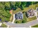 Birds-eye view of a home's backyard and landscaping surrounded by lush trees in a residential neighborhood at 130 Edgewater Trl, Fayetteville, GA 30215