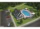 Aerial view of community pool, lounge chairs, and tennis court, surrounded by lush landscaping at 1212 Trombone Way # 107, Mcdonough, GA 30252