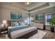 Modern bedroom features bed, two windows, artwork, nightstands, and grey carpet at 2929 Rambler Dr, Loganville, GA 30052