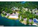 Breathtaking aerial shot of lakefront properties, sandy beach, and lush greenery at 3279 Greenhill Dr, Villa Rica, GA 30180