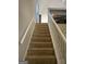 Carpeted staircase with white railing and landing area, lit by a ceiling fan and natural light at 11657 Flemming Ct, Hampton, GA 30228