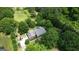 Aerial view of a brick house surrounded by mature trees, featuring a long driveway and ample parking at 78 N Pomona Rd, Hampton, GA 30228