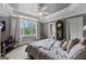 This primary bedroom features a decorative ceiling, large window, and an antique grandfather clock at 4320 Blue Ridge Dr, Douglasville, GA 30135