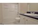Bathroom with a shower-tub combo, modern toilet, and a vanity with a dark countertop at 10690 Tara Village Way, Joneboro, GA 30238