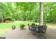 Landscaped backyard with large trees, green grass, deck, and patio furniture at 349 Campground Rd, Mcdonough, GA 30253