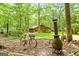 View of the backyard, featuring rustic decor, a quaint bicycle, and wooded views at 349 Campground Rd, Mcdonough, GA 30253