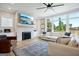 Bright living room featuring a cozy white sofa, a brick fireplace with TV, and ample natural light at 247 Widener Way, Peachtree City, GA 30269