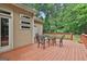 Backyard deck with an outdoor table with chairs and views of a private, wooded lot at 226 Long Island Dr, Whitesburg, GA 30185