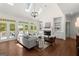 Bright living room features a stone fireplace, high ceilings, and access to the outdoor deck at 3600 Goldenrod Dr, Alpharetta, GA 30005