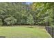 A backyard with a manicured lawn, surrounded by a black metal fence and mature trees, offers privacy at 135 Rockglen Ct, Fayetteville, GA 30215