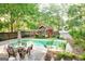 Backyard pool with charming red pool house, patio furniture, lush landscaping, and privacy fence at 110 Orchard Vw, Fayetteville, GA 30215