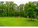 Large backyard with a play set, swing, trampoline and lush green lawn surrounded by mature trees at 150 Sandy Ridge Trl, Fayetteville, GA 30214