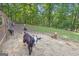 Close up of several goats grazing in a lush fenced-in pasture, set amongst a forest landscape at 6290 Cascade Palmetto Hwy, Fairburn, GA 30213