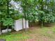 Shed in the back yard surrounded by trees and lush green foliage at 920 Courthouse Rd, Temple, GA 30179