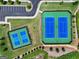 An aerial view of tennis courts surrounded by lush landscaping and a paved parking area at 3525 Montebello Pkwy, Cumming, GA 30028