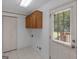 Bright laundry room features upper cabinets and access to outdoor deck at 114 Overlook Dr, Mcdonough, GA 30252