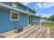 Relaxing back deck on a two-story blue home surrounded by lush trees at 108 Country Acres Ct, Mcdonough, GA 30253