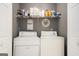 Laundry room with white washer and dryer and shelving for storage at 1765 Neighborhood Walk, Mcdonough, GA 30252