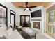 Inviting sunroom with a fireplace, comfortable seating, ceiling fan, and access to the outdoors at 4680 Brighton Lake Dr, Cumming, GA 30040