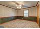 Bedroom with wall paper, green trim and wainscotting at 3452 Monica Sw Ln, Conyers, GA 30094