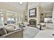 Elegant living room featuring a stone fireplace, built-in shelving, and an abundance of natural light at 113 Regents Sq, Peachtree City, GA 30269