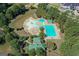 Aerial view of a community pool with a beach entry and a lap pool surrounded by chairs and mature trees at 1500 Royce Dr, Locust Grove, GA 30248