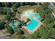 Aerial view of community pool with beach entrance and lap pool, surrounded by trees and lounge chairs at 1500 Royce Dr, Locust Grove, GA 30248