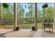Covered patio area featuring an outdoor view of the tree-lined backyard and lake at 157 Waterlace Way, Fayetteville, GA 30215