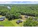 Aerial view of a home with pool, highlighting its lush surroundings and serene lakeside location amid dense forest at 3950 Chattahoochee Rd, Cumming, GA 30041
