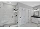 Stylish bathroom with a glass shower, double vanity, white cabinets, and modern fixtures at 17 Sawtooth Oak Dr, Moreland, GA 30259
