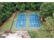 Aerial view of two blue tennis courts surrounded by lush greenery at 1017 Ridgefield Dr, Peachtree City, GA 30269