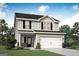 Two-story home featuring a two-car garage, black shutters, and stone accents at 455 Prescott Way, Villa Rica, GA 30180