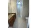 Bathroom featuring granite vanity and separate shower stall at 6420 Pinebark Way, Morrow, GA 30260