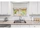 Close-up of the kitchen sink, granite countertops, white cabinets, and plants in the window at 412 Culloden Moor, Mcdongough, GA 30253