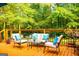 View of a wooden deck, with patio furniture including a sofa set and accent pillows, surrounded by trees at 6830 Peeksville Rd, Mcdonough, GA 30252