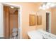 Bathroom with a toilet, vanity, mirror and tile floor in an orange color scheme at 12043 Olmstead Dr, Fayetteville, GA 30215