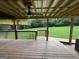 Covered back porch with ceiling fan overlooking yard at 5761 Hancock Dr, Social Circle, GA 30025