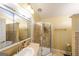 Bathroom featuring a tile shower, vanity with sink, and mirror in a room with natural light at 295 Pinehurst Dr, Stockbridge, GA 30281