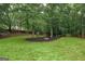 The large backyard features mature trees, a fire pit, and comfortable seating at 4080 Derby Dr, Cumming, GA 30040