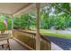 Spacious covered front porch with decorative wood railing and green bushes at 4080 Derby Dr, Cumming, GA 30040