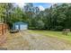 View of a blue storage shed at the back of the property, along with the wooden fence line at 150 Surrey Chase Dr, Social Circle, GA 30025