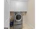 Functional laundry room featuring a front-load washer, dryer, and white cabinets for convenient storage at 1014 Overlook Dr, Villa Rica, GA 30180